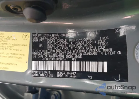 2005 Toyota Highlander V6 from USA, damaged, VIN JTEDP21AX50068616